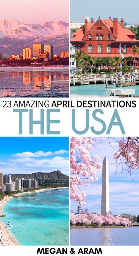 Looking for the best places to visit in April in the USA for your upcoming trip? These destinations are some of the best during spring in the US and will inspire you to go travel! | USA in April | April in USA | USA in spring | Spring in USA | America in April Boston in April | Florida in April | Where to travel in April | California in April | Washington DC April Best Us Vacations In April, Spring Travel Destinations Usa, Places To Vacation In The Us, Best Spring Break Destinations In The Us, April Honeymoon Destinations, Spring Road Trips, April Vacation Destinations, Spring Break Destinations Usa, Best Places To Travel In April