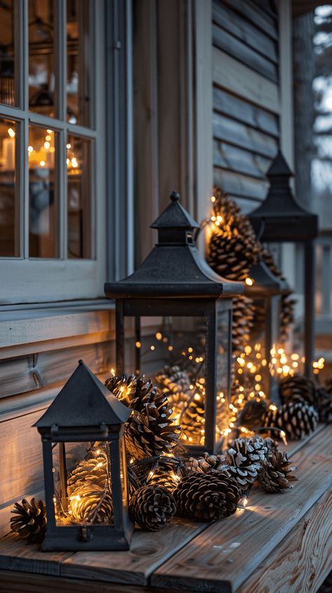 25 Fall Lantern Decor Ideas For Your Home Lanterns Porch Decor, Farmhouse Fireplace Lanterns, Fall Lantern Decor Ideas Outdoor, Outside Candle Lanterns, Men Christmas Decor Ideas, Fall Decor Hanging From Ceiling, Fall Porch Decor With Lanterns, White Lantern Fall Decor, Christmas Decor Ideas Summer