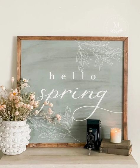 Green Hello Spring | Wood Farmhouse Sign Spring Season Decoration Ideas, Spring Home Decor 2024, Spring Decor 2024, Spring Signs Wooden, Spring Decorating Ideas For The Home, Boho Spring Decor, Spring Wood Signs, Modern Spring Decor, Neutral Spring Decor