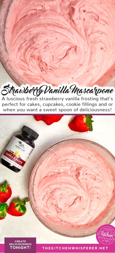 A luscious fresh strawberry vanilla frosting that’s perfect for cakes, cupcakes, cookie fillings and or when you want a sweet spoon of deliciousness! strawberry reduction, strawberry glaze, whipped mascarpone frosting, cookie filling, cake frosting, strawberry frosting, strawberry filling, the best strawberry frosting Cookie Fillings, Strawberry Frosting Recipe, Fresh Strawberry Frosting, Strawberry Reduction, Strawberry Mousse Filling, Cookie Filling, Dessert Mascarpone, Filling Cake, Whipped Mascarpone