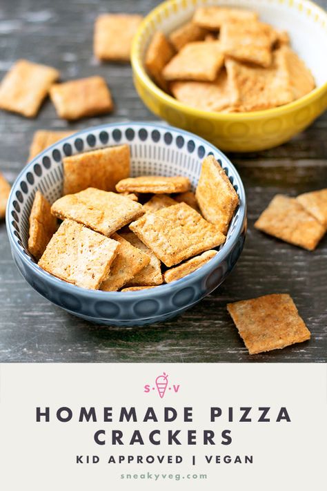 Deliciously crunchy pizza crackers that are great for snacks, lunch boxes and birthday parties. Gobbled up by kids and adults alike and suitable for vegans. #pizzacrackers #snacks #healthysnacks #lunchbox #vegan #vegetarian #healthykidsfood Pizza Crackers, Vegetarian Kids, Healthy Party Food, Homemade Crackers, Making Homemade Pizza, Lunch Box Snacks, Healthy Vegan Snacks, Homemade Baby Foods, Party Finger Foods