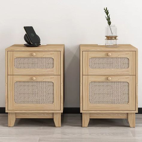 Eastborough Manufactured Wood Rattan Nightstand Rattan Nightstand, Nightstand Wood, Wooden Living Room, Nightstand Set Of 2, Bed Table, Wood Nightstand, Bedroom Night Stands, Beachcrest Home, How To Distress Wood