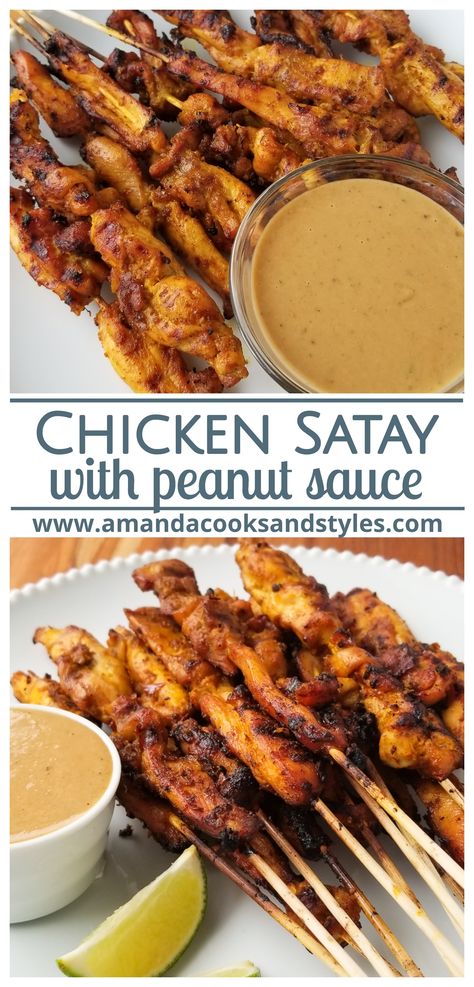 Chicken Skewers Marinade, Grilled Chicken Satay, Chicken Satay With Peanut Sauce, Satay Skewers, Chicken Satay Skewers, Satay Recipe, Peanut Dipping Sauce, Chicken Kebab, Chicken Skewer Recipe