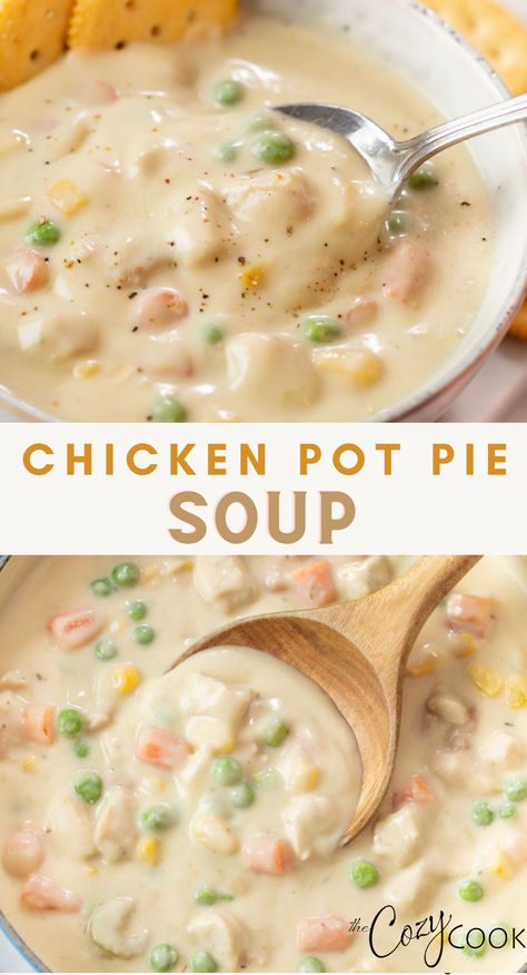 chicken pot pie soup in a bowl with a wooden spoon pulling out a scoopful. Easy Chicken Pot Pie Soup, Chicken Pot Pie Soup Recipe, Pot Pie Soup Recipe, Comfort Soups, Bowl Chicken, Chicken Pot Pie Soup, Pot Pie Soup, Easy Chicken Pot Pie, Homemade Soup Recipe