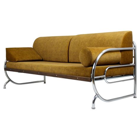 This Bauhaus style sofa was produced by Hynek Gottwald in the 1930s. The sofa has been completely restored, it has brand new mattresses upholstered in easy-to-clean fabric. The woodwork has been lacquered, glossy finish. Chrome is in original, good condition. Bauhaus Sofa, Steel Sofa, Bauhaus Style, Cool Chairs, Convertible, Mattress, Woodworking, Restaurant, Sofa