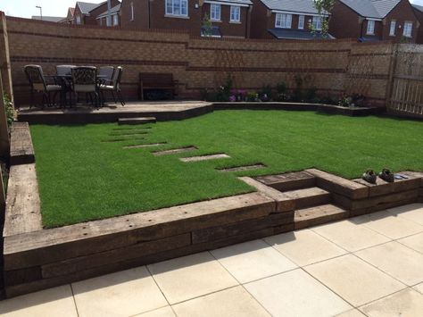 Railway sleeper steps, beds and patio Sleeper Path, Sleepers Garden, Sleeper Steps, Railway Sleepers Garden, Back Garden Landscaping, Sloping Garden, Sleepers In Garden, Patio Decking, Garden Decking