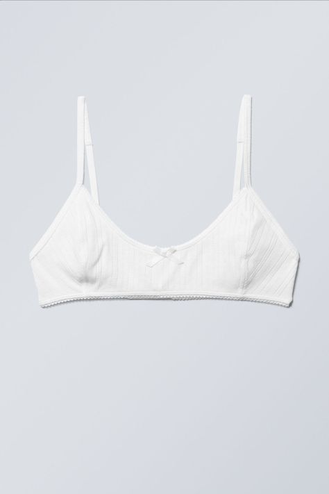 Pointelle Scooped Cotton Bra - White - Weekday WW Cute Bralettes, Swedish Street Style, Cotton Bra, Cotton Bralette, Garment Manufacturing, White Bralette, Cotton Bras, Lace Hem, Clothespins