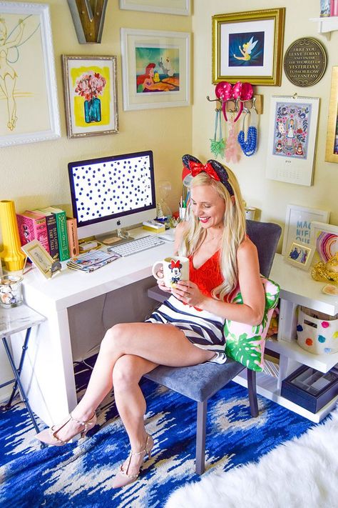 I'm in love with the mason jar painting/print. Yellow background, blue jar, pink flowers.-- MY DISNEY DESK STYLE Disney Desk, Outfits For Traveling, Disney Office, Colorful Summer Outfits, Desk Styling, My Home Office, Disney Rooms, Disney Home Decor, Dallas Fashion