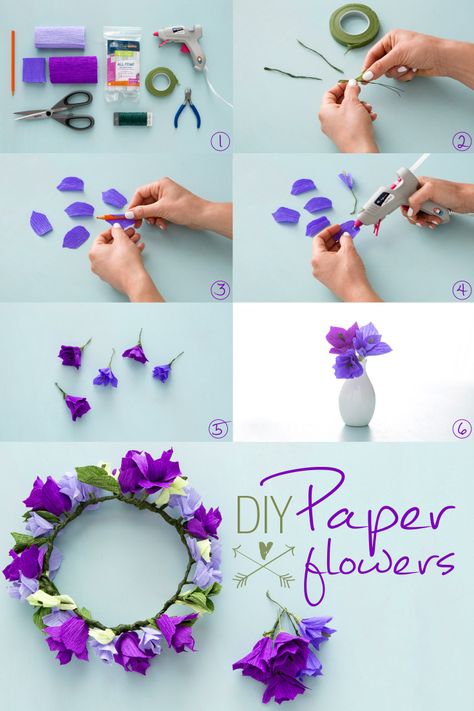 DIY Paper Flowers: Use colorful crepe paper, wire, and Elmer's new CraftBond Less Mess Hot Glue Sticks & Hot Glue Gun to make simple, yet beautiful paper flowers. Then use your flowers for holiday decor, wreaths, DIY wedding decor, and more! Diy Paper Decorations Party, Diy Paper Decorations, Paper Flower Wreath, Paper Flower Crown, Paper Decorations Diy, Diy Paper Flowers, Make Paper Flowers, Fleurs Diy, How To Make Paper Flowers