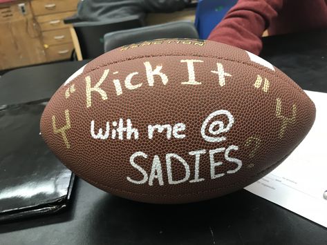 Kicker Sadie’s proposal 🏈 Sadie’s Proposals Football, Ways To Ask To Sadies, Sadie Hawkins Proposals Football, Sadie Hawkins Poster Ideas, Football Sadies Proposal, Saides Proposals Cute, Sadie’s Dance Proposal Ideas, Sadie Hawkins Outfits, Sadie’s Proposals