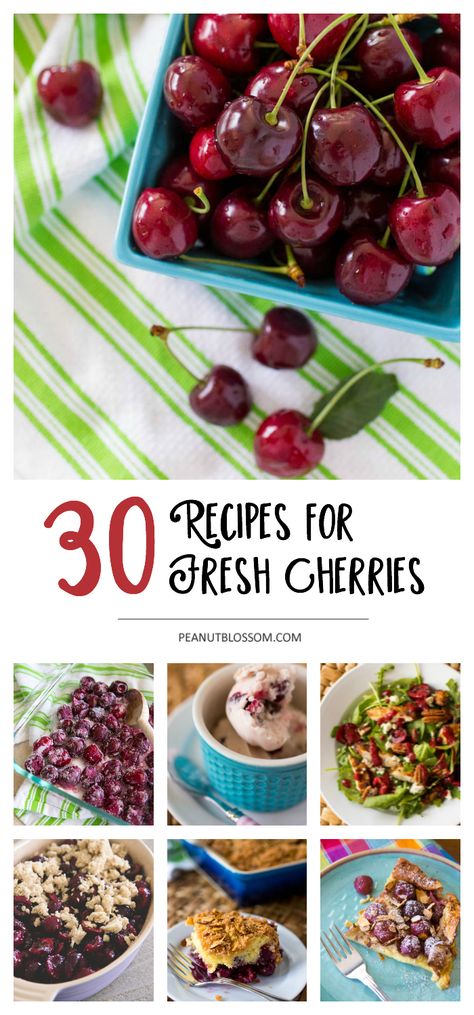 30 recipes for fresh cherries and how to freeze them Cherry Dessert Recipes With Fresh Cherries, Fresh Tart Cherry Recipes, Cherry Desserts With Fresh Cherries, Cherry Recipes Dinner, Tart Cherry Recipes, Savory Cherry Recipes, Sweet Cherry Recipes, Cherry Stuff, Fresh Cherry Recipes