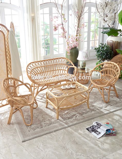 Rattan Couch Living Room, Bamboo Sofa Living Rooms, Cane Sofa Living Rooms, Balcony Sofa Ideas, Rattan Sofa Living Room, Cane Furniture Living Room, Rotan Chair, Bamboo Sofa Set, Rattan Beds