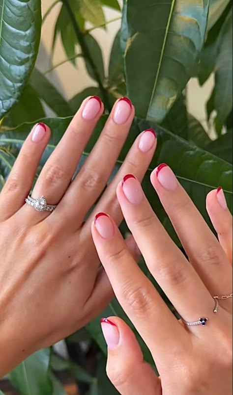 Red French Tip Nails Short Oval, Gel Mani Short Nails Red, Biab Nails Coloured Tips, Short Biab Nails French Tip, Short Nail Red French Tip, Very Short Valentines Nails, Short Coloured French Tips, Builder Gel French Tips, Jan 2024 Nails