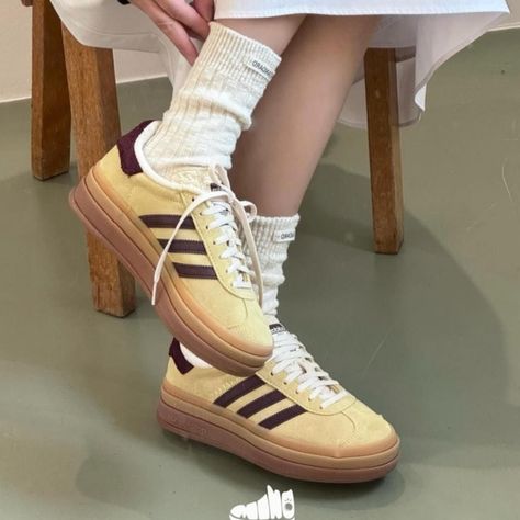 adidas Originals Women's Gazelle Bold Shoes Maroon/Yellow Color- New Shoes Yellow Gazelle Adidas Outfit, Outfits With Adidas Gazelle Bold, Adidas Bold Gazelle, Gazelle Bold Outfit, Yellow Gazelle, Melbourne Street Style, Gazelle Bold Shoes, Adidas Bold, Adidas Gazelle Outfit