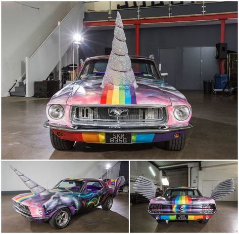 It’s a unicorn car!! (I want to kill the person that ruined this beautiful car) Ford Mustang 1968, Unicorn Car, Strange Cars, Cars Art, Derby Cars, Rainbow Paint, Car Memes, Cars Birthday Parties, Ford Classic Cars