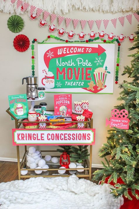 Christmas Movie Night Party Ideas, Christmas, Christmas movie night, movie night, movie party, holiday movies, Christmas movies, North Pole Movie Theater, printable decor, Just Add Confetti, Just Add Confetti printables, popcorn, hot cocoa, Rudolph Popcorn, Christmas blend, santa, Kringle Concessions, hot cocoa brownies, brownie bites, at-home celebration, family party, pajamas, pajama party, concession stand, bar cart, concession cart, invitation, Etsy shop, Etsy, Etsy seller Christmas Santa Sleepover, Hallmark Christmas Movie Night Party, Christmas Family Fun Night Ideas, Friendsmas Party Ideas Kids, Christmas Movies Night Ideas, Christmas Movie Birthday Party, Christmas Movies Decorations, Christmas Movie Night Decorations, Small Snack Bar Ideas Home