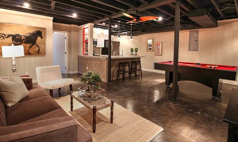 Cheap Basement Remodel, Industrial Basement, Basement Furniture, Basement Inspiration, Game Room Basement, Man Cave Basement, Basement Living Rooms, Basement Renovation, Basement Apartment