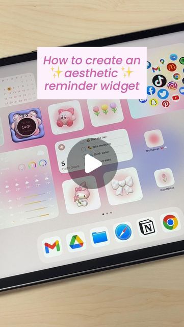 Digital Collectives | Digital Planning & iPad Tips on Instagram: "Aesthetic Reminders Widget Tutorial 💗💡  This is a frequently requested tutorial on how to add the reminder widget your iPad homescreen ✨  Make it aesthetic by addding emojis, daily affirmations, and to-do items!  🏷️ #goodnotes #goodnotes6 #goodnotes5 #ipad #digitalplanning #digitalplanner #ipadtips #goodnotesplanner #ipadpanner #digitalplan#goodlifeplanner #ipadplanning #digitalnotetaking #goodnotestutorial #ios17 #ipadios17 #notetaking #ipadnotes #studymotivation #kawaiicore #ipadsetup #ipadcase #iPadstickers #studynotes #handwriting #ipadnotes #ipadaesthetic #2024digitalplanner #2024planner #2024goodlifeplanner #goodlifeplanner" How To Edit Ipad Homescreen, I Pad Widget Ideas Aesthetic, Cute Ipad Themes, Aesthetic Reminders Widget, Ipad Layout Aesthetic, Aesthetic Ipad Layout, Widget Tutorial, Cute Ipad Layout, Aesthetic Reminders