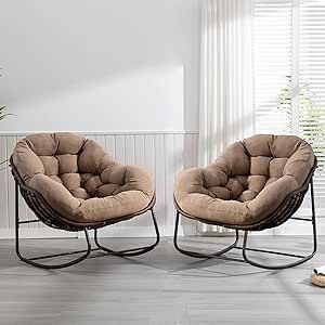 HOMEFUN Oversized Papasan Rocking Chair Set of 2 Indoor, Outdoor Patio Rocking Chairs with Padded Cushion - Rocker Egg Chair for Front Porch, Garden, Patio, Backyard Khaki Deck Rocking Chair, Chair For Balcony, Comfy Rocking Chair, Egg Shaped Chair, Rocking Chair Pads, Wicker Rocker, Front Porch Garden, Rocker Recliner Chair, Outdoor Rocking Chair