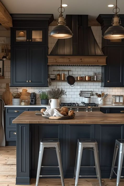 Farmhouse Kitchens With Dark Cabinets, Moody Home Decor Kitchen, Non Farmhouse Kitchen, Navy Kitchen Dark Wood Floor, Dark Boho Kitchen Decor, Moody Kitchen Wood Cabinets, Rustic Industrial Decor Kitchen, Moody Rustic Interiors, Dark Moody Home Aesthetic