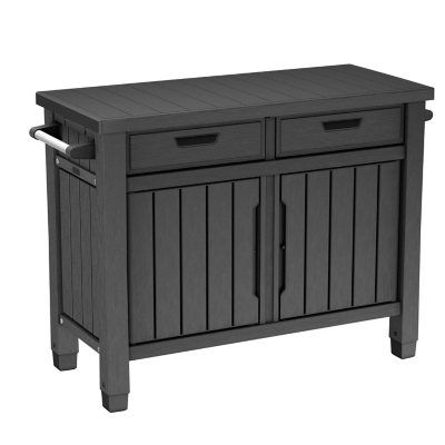 Keter Outdoor Grill Table, Buffet, Entertainment and Storage Cabinet w/ Drawers, Graphite Gray - Sam's Club Grill Prep Station Outdoor, Outdoor Food Prep Station, Outdoor Bbq Storage Ideas, Outdoor Cabinets Patio, Diy Bbq Station, Gardening Station, Outdoor Grill Table, Covered Pool, Smoker Ideas