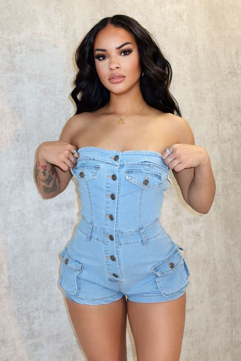 Better Button Down Tube Romper - Small / Denim Jean Romper Outfit Black Women, Jean Romper Outfit, Girly Shirts, Denim Romper Shorts, Louisiana Creole, Tube Romper, Jean Romper, Best Friend Outfits, Stylish Summer Outfits