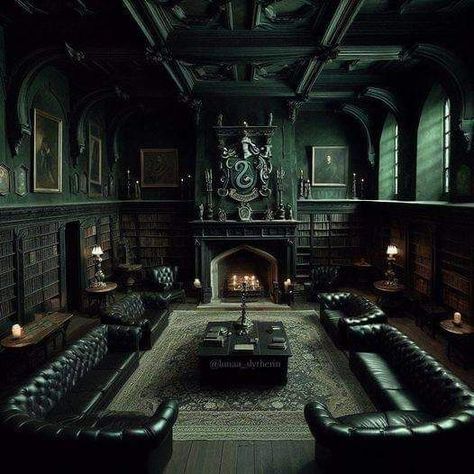 Slytherin Common Room Slytherin Dormitory Aesthetic, Harry Potter House Interior, Living At Hogwarts Aesthetic, Hogwarts Common Rooms Slytherin, Gothic Mansion Living Room, Slytherin Interior Design, Castle Living Room Aesthetic, Slytherin Dorm Aesthetic, Slytherin Living Room