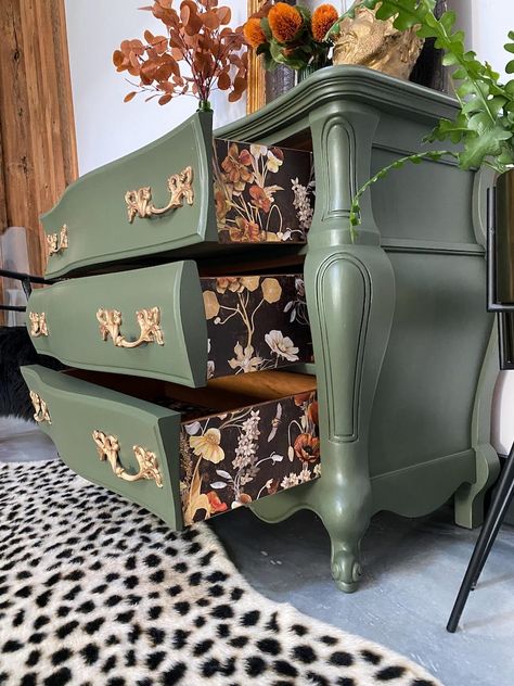 Vintage Serpentine Dresser in Olive Green Paint With Gold Finishes Drawers Floral Wallpaper French Cabinet Whimsical - Etsy Laquer Painted Dresser, Cute Painted Dressers, Dresser Drawer Painting Ideas, Emerald Green Dressers Painted, Cottage Core Dresser Makeover, Painted Chest Of Drawers Ideas Colour, Green Upcycled Furniture, Refinished Armoire Ideas, Refinish Dresser Ideas