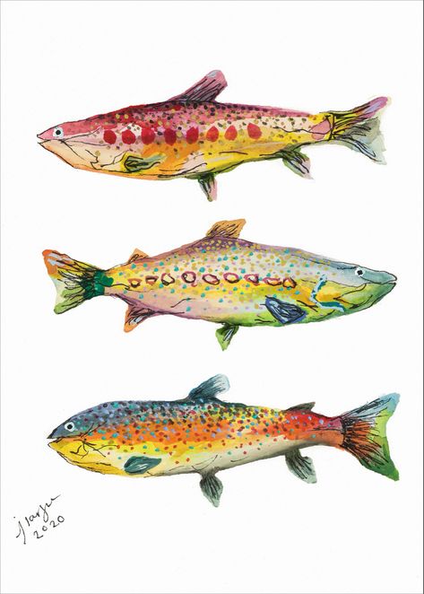 Jordan Larson Art 25 Gift Ideas, Animal Watercolor, Salmon Fish, Watercolor Fish, Original Watercolor Art, Fish Wall Art, Lake Fishing, Fish Painting, Colorful Fish