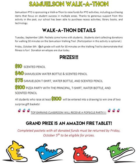 Samuelson's Annual Walk-A-Thon - Samuelson Elementary School Walk A Thon Fundraiser, Recess Activities, Poster Diy, Fundraising Ideas, School Staff, School Dances, Student Success, Fun Run, School Fundraisers