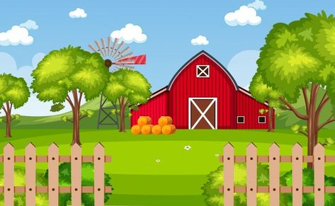 Escena de fondo con granero rojo en el p... | Premium Vector #Freepik #vector #arbol #dibujos-animados #granja #almacen Animals Name With Picture, Farm Mural, Farm Scenery, Farm Cartoon, Tessellation Patterns, Forest Cartoon, Farm Stickers, Preschool Activities Printable, Animal Activities For Kids