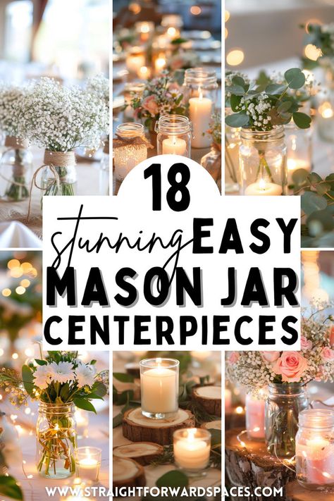 18 stunning easy Mason jar centerpieces featuring simple and stylish ideas for dining tables, kitchen tables, coffee tables, and more. Perfect for adding a touch of elegance to any space with minimal effort. Jars With Fairy Lights Centerpieces, Simple Easy Table Centerpieces, Simple Candle Centerpieces Wedding Diy Table Decorations, Table Centerpieces For Engagement Party, Decorating With Bud Vases, Wood Block Centerpieces, Easy Inexpensive Table Centerpieces, Elegant Mason Jar Centerpieces, Simple Rustic Wedding Centerpieces Mason Jars