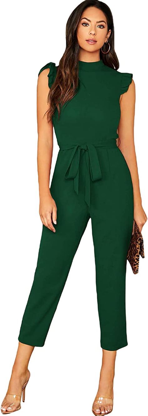 Casual Office Wear, Sleeveless Mock Neck, Stand Neck, Belt Jumpsuit, Halter Romper, Ruffle Bodysuit, Floral Print Rompers, Green Jumpsuit, Cropped Jumpsuit