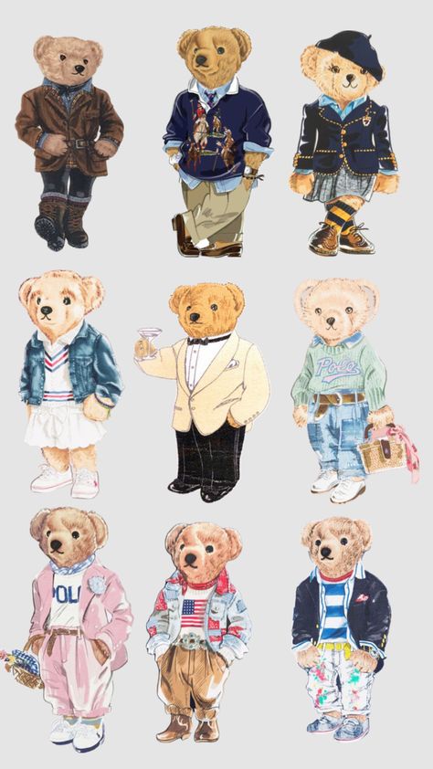 Polo Bear Ralph Lauren, Bear Outfits, Polo Bear, Arte Inspo, Bear Wallpaper, Wallpaper Iphone Cute, Aesthetic Iphone Wallpaper, Teddy Bears, Wall Collage