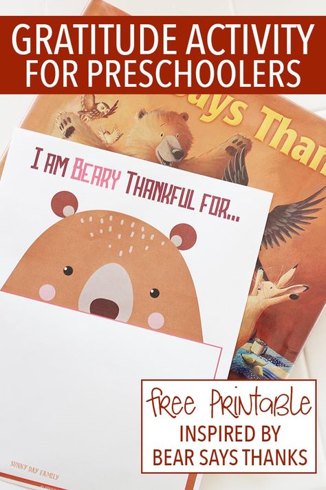 Help preschoolers learn to be thankful with this creative gratitude activity inspired by Bear Says Thanks! A super cute free printable that is perfect for the kids' Thanksgiving table too. Bear Says Thanks, Gratitude Activity, Thankful Crafts, Thankful Activities, Thanksgiving Activities For Kindergarten, Thanksgiving Activities Preschool, Thanksgiving Lessons, Thanksgiving Crafts Preschool, Thanksgiving School