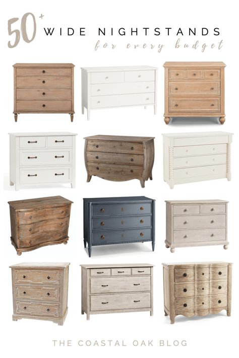 50 plus wide nightstands for every budget, including three drawer chests, small dressers, and options for children. #nightstand #bedroomfurniture #widenightstand #kidsroom #sharedkidsroom Three Drawer Chest Nightstand, Small Dressers As Night Stands, Bachelors Chest As Nightstand, 2 Drawer Chest Of Drawers, Nightstand In Living Room, Over Sized Nightstand, Bachelor Chest Dressers, Chest Of Drawers As Nightstand, Small Chests Furniture