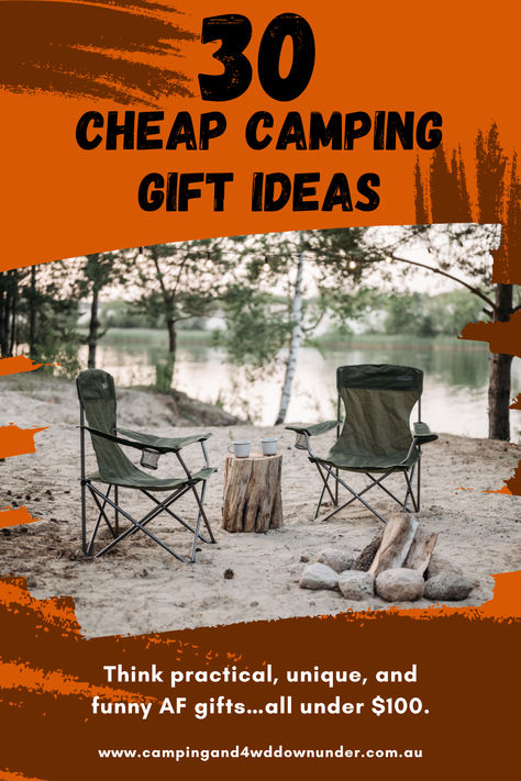 Camping setup featuring two green camping chairs around a small log table, with a serene lake and trees in the background. Text overlay reads '30 Cheap Camping Gift Ideas' with the website URL campingand4wddownunder.com.au. A practical and relaxed outdoor setting, perfect for showcasing budget-friendly camping gift ideas. Gifts For Camping Lovers, Camping Gifts For Him, Camper Gift Ideas, Outdoor Gifts For Kids, Camping Gift Baskets, Outdoorsy Men, Camping Couples, Gifts For Camping, Camping Gift Ideas