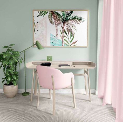 Wood And Pastel Colors, Art Deco Pastel Bedroom, Office Decor Pastel Colors, Pastel Interior Design Modern Bedroom, Pastel Scandinavian Interior Bedroom, Home Office Pastel Colors, Pastel Office Interior, Pastel Colour Interior Design, Pastel Colour Home Decor