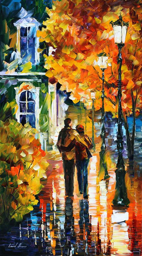 Oil Painting Gallery, Leonid Afremov, Umbrella Art, Figurative Artwork, Walking In The Rain, Leonid Afremov Paintings, Impasto Painting, Palette Knife Painting, Amazing Art Painting