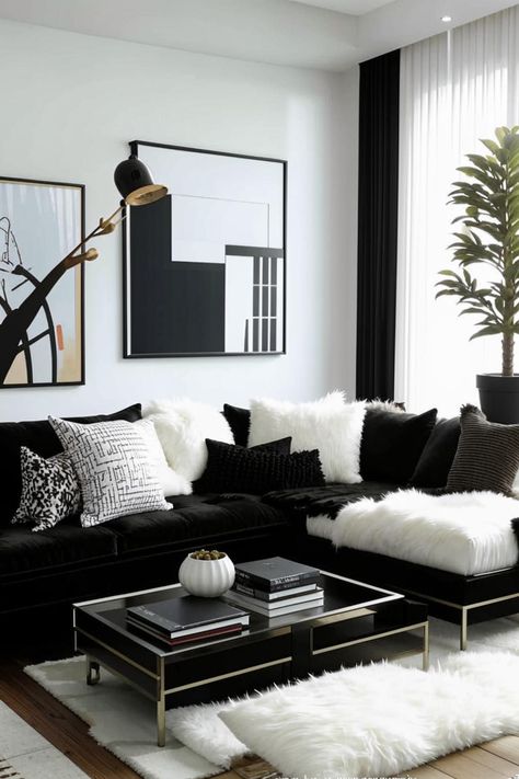 Elevate your living room with timeless black and white decor. From bold statement pieces to subtle accents, create a sophisticated and stylish space that is both chic and inviting. Find inspiration for your next home project with these stunning black and white living room designs. White Black Blue Living Room, Black And White House Decor Living Room, Black White House Decor, Black Glam Living Room Ideas, Black And White Front Room, Black And White Carpet Living Room, Black And White Aesthetic Decor, Black Couch Living Room Ideas Apartments, Black And White Minimalist Living Room