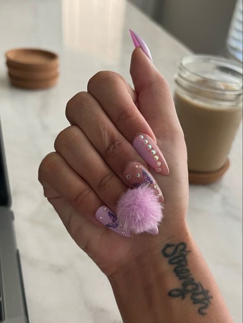 Picture of pink nails with crystal gems, butterflies, and pink puff. Pom Pom Nails, Pom Nails, Pink Butterfly Nails, Butterfly Nails, Nice Nails, Butterfly Nail, Gel Nail Designs, Nail Arts, Pink Butterfly