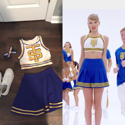 Homemade Halloween costume from Shake it Off music video. #halloween #costume #taylorswift Taylor Swift Duo Costume Ideas, Taylor Swift Halloween Costume Bejeweled, Taylor 1989 Costume, Shake It Off Cheerleader Costume, Taylor Swift Halloween Costumes Ideas, Taylor Swift Concert Costume Ideas, Eras Tour Costumes Ideas, Taylor Swift Shake It Off Cheerleader, Homemade Taylor Swift Costume