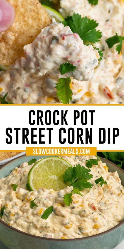 Discover the magic of elote flavors and the convenience of a slow cooker in this Crock Pot Street Corn Dip. With minimal ingredients and a few hours of slow cooking, savor the creamy, cheesy, and slightly spicy dip, perfect for pairing with chips or toasted baguette slices. Crock Pot Street Corn, Toasted Baguette Slices, Street Corn Dip, Fall Crockpot, Mexican Street Corn Dip, Chip Dip Recipes, Baguette Slices, Corn Dip Recipes, Toasted Baguette