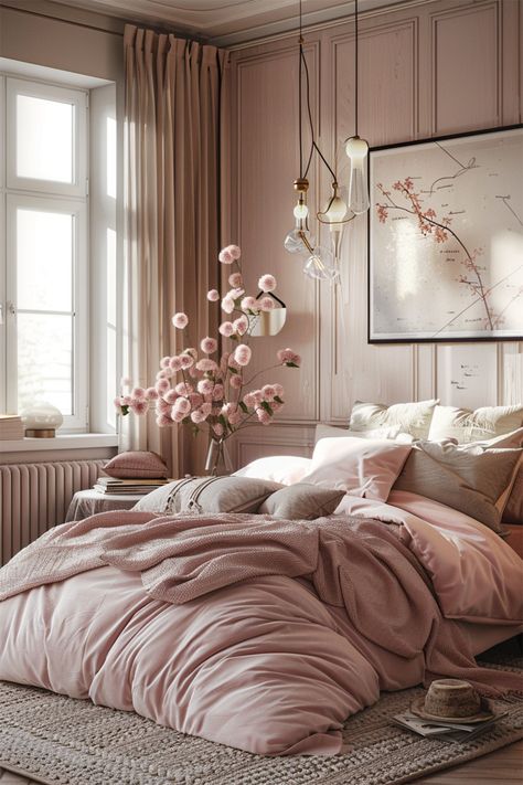 Blush Haven • Morning light pours in, adding a glow to a room awash with blush tones • A luxuriously soft duvet in dusty rose lies in gentle folds, promising warmth and comfort • Delicate pink blossoms in a clear vase whisper of spring, while abstract art adorns the paneled wall • Unique pendant lights dangle with an artistic flair • This sanctuary marries the romance of rosy hues with the sophistication of modern design, creating a dreamy retreat where one can unwind in style. Dusty Rose Bedroom Ideas Boho, Pink And Champagne Bedroom, Neutrals And Pink Bedroom, Light Pink Modern Bedroom, Blush Pink And Cream Bedroom, Rose Colored Bedroom Ideas, Chic Feminine Bedroom, Modern Blush Bedroom, Rose And Cream Bedroom