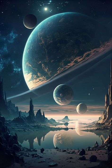 Planets In The Sky, Galaxies Wallpaper, Heaven Art, Planets Wallpaper, Space Artwork, Space Fantasy, Planets Art, Alien Planet, Alien Worlds