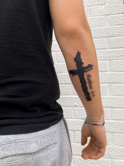 Men Tattoo Ideas Cross, Tattoo The Cross, First Forearm Tattoo Ideas Men, Christianity Tattoos For Guys, Lord’s Prayer Tattoo, Forearm Bible Verse Tattoo Men, Male Cross Tattoos, Cross Calf Tattoo Men, Teen Boy Tattoo Ideas