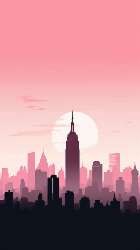 Minimalist phone wallpaper showcasing a light pink background with a contrasting black New York City skyline, designed for iPhone and Android device. Contrast Wallpaper Iphone, Minimalist City Wallpaper, Minimalist Cityscape Art, New York City Silhouette, New York City Skyline Painting, City Silhouette Illustration, New York Aesthetic Drawing, New York Pink Aesthetic, New York City Wallpaper Aesthetic