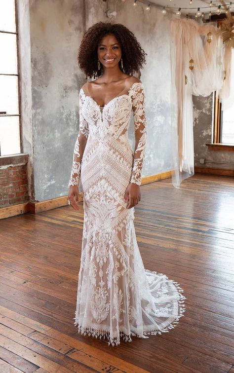 Long Sleeve Boho Lace Column Wedding Dress with Sweetheart Neckline Chic Bridal Dress, Boho Style Wedding Dress, Column Wedding Dress, Boho Wedding Gowns, Vintage Lace Weddings, Boho Style Wedding, All Who Wander, Bridal Elegance, Boho Wedding Dress Lace