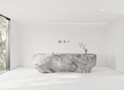 M A I on Behance Stone Front Reception Desk, Natural Stone Reception Desk, Stone Reception Desk Design, Rock Reception Desk, Stone Reception Counter, Stone Reception, Stone Reception Desk, Lobby Desks, Stone Desk