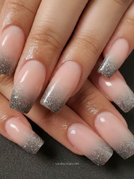 Metallic Ombre Nails, Silver Ombre Nails, Sparkly Ombre Nails, Black To Silver Ombre, Shiny Nails Designs, Glitter French Tips, Silver Ombre, Ombre Nails Glitter, Nail Color Ideas